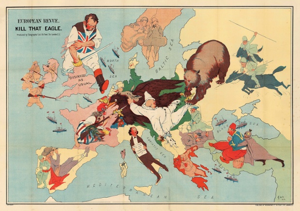 在**次世界大战开始之际的这幅地图显示，苏俄，法国和大英帝国联合起来的力量能够迅速击败德国和其盟友奥匈帝国