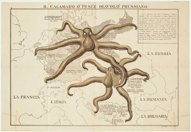 非常稀有的宣传地图，描绘普鲁士和奥匈帝国这两只章鱼在整个欧洲中部伸展他们的触角